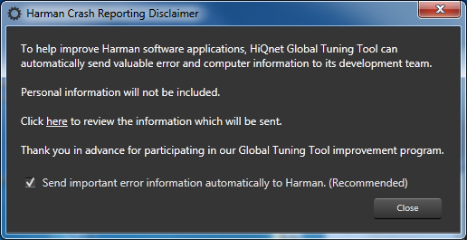 Harman Crash Reporting Disclaimer