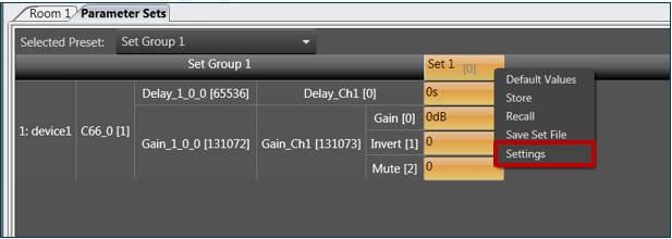 Parameter Set Settings Menu